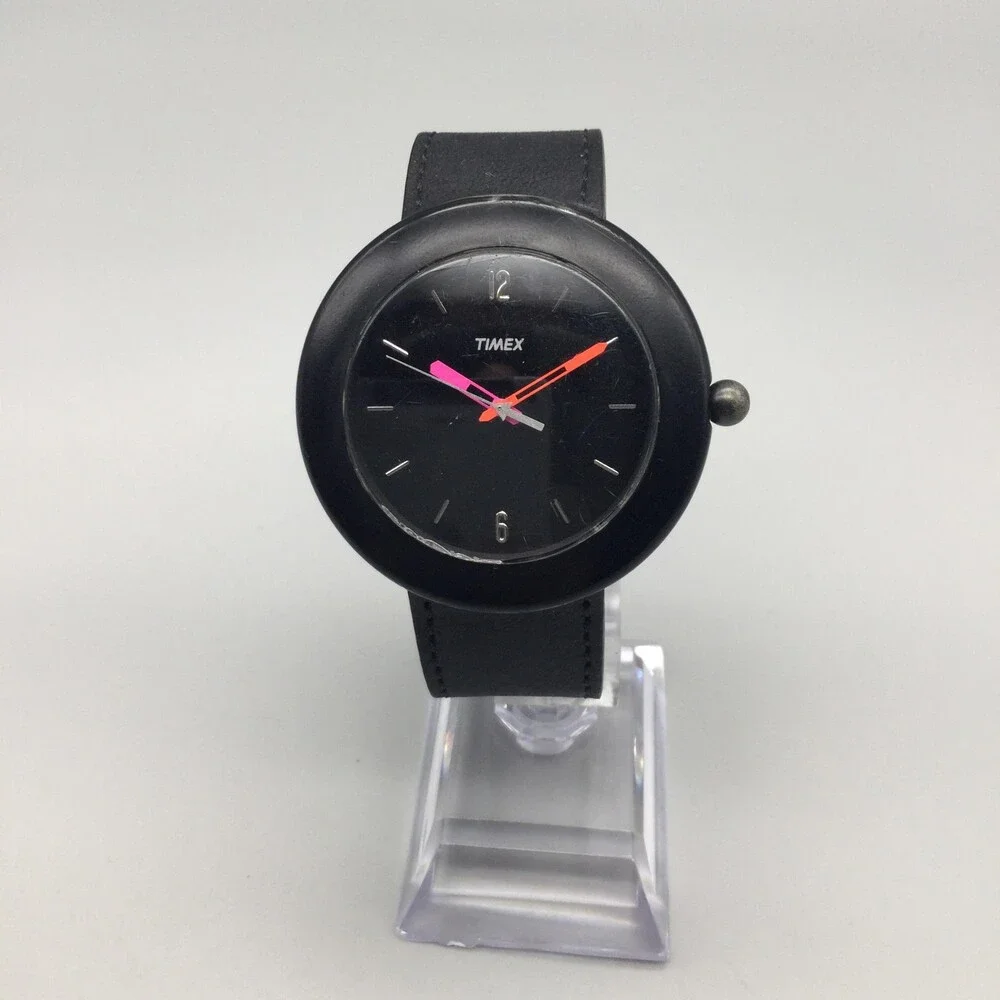Timex Mens Watch 44mm Black Dial Black Leather Strap Neon Hands New Battery